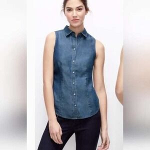 French Connection Sleeveless Denim Shirt Womens Blue Collared Button Up Tunic